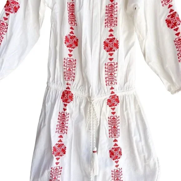 Pampelone Bardot White Red Embroidered Off the Shoulder Tunic Dress Cover Up - Picture 7 of 11